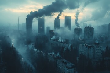 Fototapeta premium Aerial view of a smoke-filled urban landscape during twilight with abandoned buildings and factories