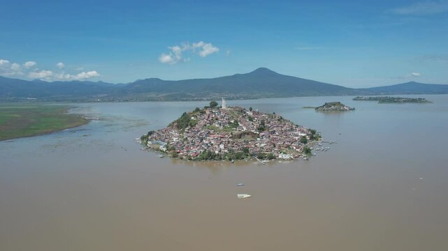 Aerial shot in orbit to the right of the island of Janitzio Michoacan