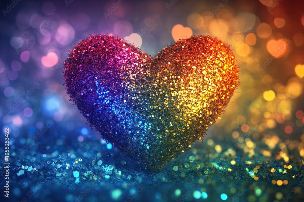 Poster animated abstract background with colorful and shiny heart shaped shimmering particles