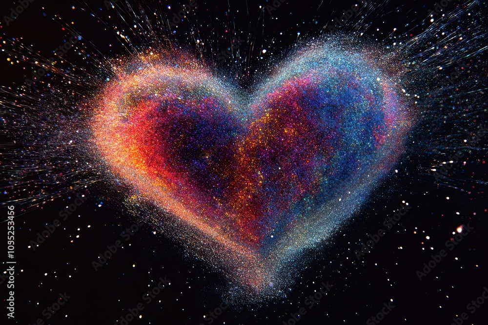 Poster animated abstract background with colorful and shiny heart shaped shimmering particles