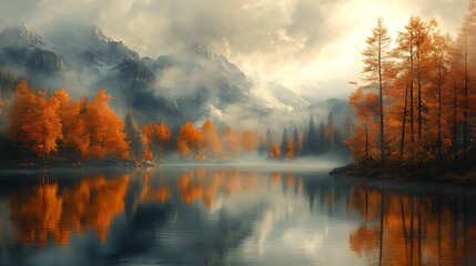 Naklejka premium A serene lake with a reflection of fall foliage in the water. The trees are in the foreground, with a misty mountain range in the background.