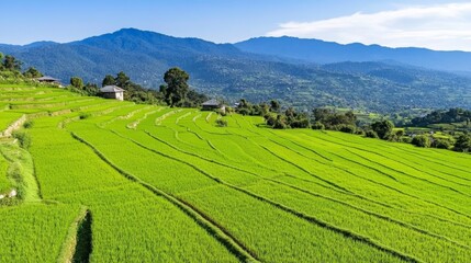 Obraz premium Lush Green Rice Terraces in Mountain Landscape with Traditional Houses