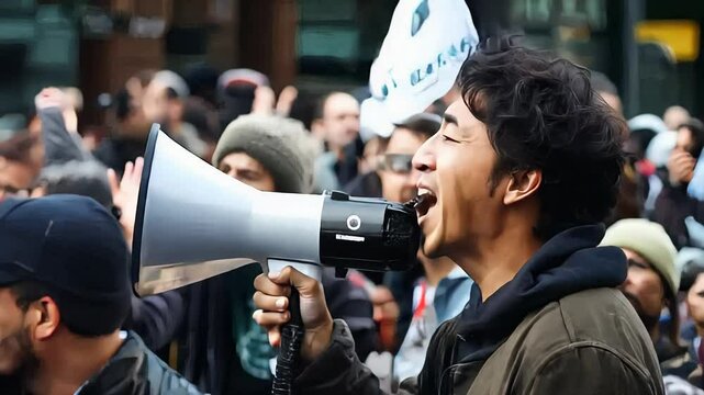 An activist passionately addresses a large crowd in the city center, rallying support against recent government policies while holding a megaphone.