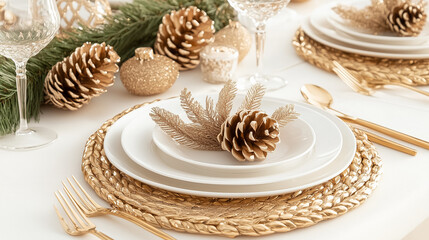 A festive table with gold accents, shiny pinecones, and lush greenery, ideal for holiday gatherings