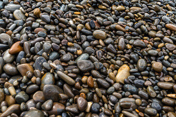 Wet sea pebbles close-up. Rocky beach on the sea, ocean, river, lake, pond. Natural background for design.