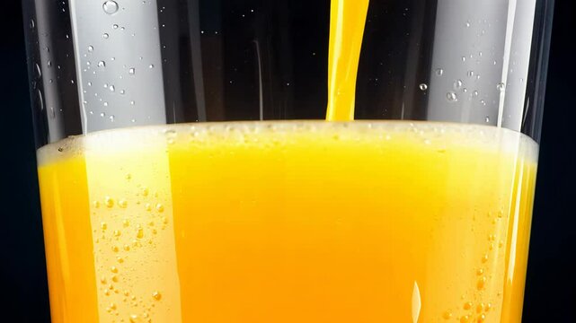 A refreshing pour of freshly made orange juice fills a clear glass, showcasing its rich yellow color and smooth texture against a dark kitchen backdrop.