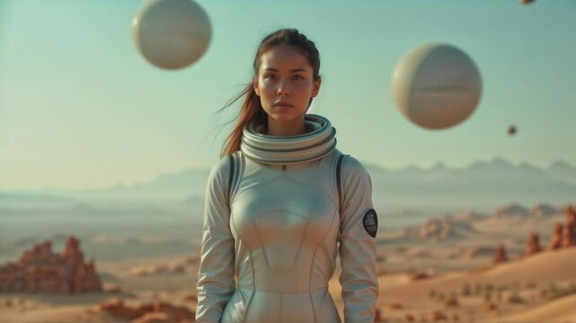 A futuristic astronaut woman with blonde hair stands on a desolate, alien desert landscape surrounded by large, hovering spheres. She wears a sleek, high-collared white spacesuit, looking intently ahe