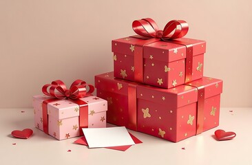 Festive gift boxes with red ribbons and heart decorations on display
