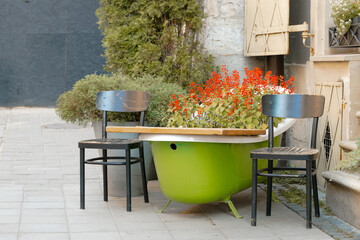 creative patio cafe space bath instead table and chairs outdoor urban landmark street tile city...