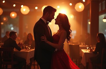 Elegant couple dancing in romantic restaurant setting during evening gala