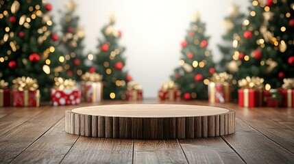 Cozy holiday setting with a wooden table and a decorated Christmas tree in the background.