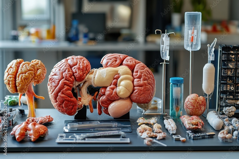 Poster detailed anatomical display featuring brain models and medical instruments in a laboratory setting
