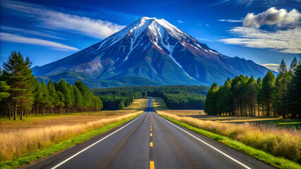 mountain, volcano, landscape, road, snow, nature, mount, sky, mountains, travel, peak, clouds, view, mt, fuji, green, tourism, kamchatka, scenery, forest, panorama