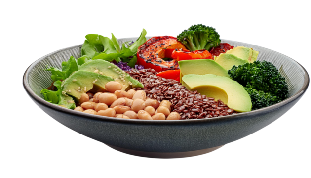 Healthy salad bowl with fresh vegetables and grains, isolated. transparent background