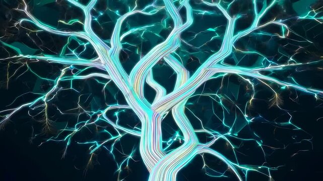 Abstract digital tree made of glowing electric fractal patterns, growing downward in an abstract, digital environment.