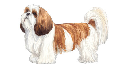 A fluffy, playful Shih Tzu with distinctive brown and white fur stands gracefully against a white background.