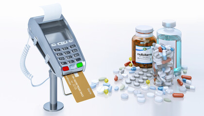 Medications: pills, tablets, vitamins with a payment terminal accepting a credit card. Prescription drugs, rising drug and healthcare costs. Pharmaceuticals industry, pharmacology price increase 3D