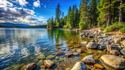 A rugged lake shoreline with boulders and pebbles scattered along the edge of a crystal-clear lake surrounded by towering trees, lakes, rocks, wild, shoreline, boulders