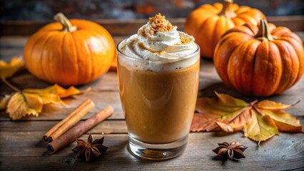 A glass of pumpkin smoothie with spices and whipped egg whites on a wooden table with pumpkins in the background.