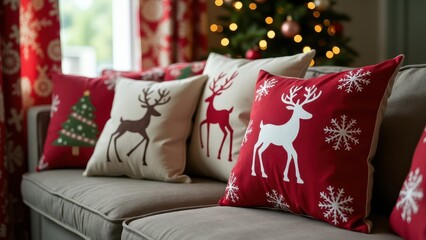 Festive red and white pillows with snowflakes and reindeer adorn a cozy couch, illuminated by warm, twinkling Christmas lights in the background.