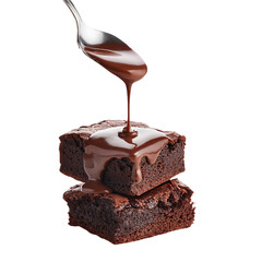 Chocolate brownie with sauce drizzle, white isolate background transparent background
