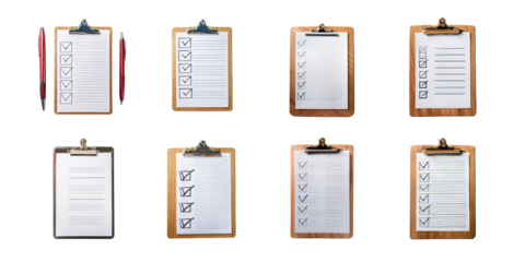 Assorted Clipboards with Checklists and Blank Pages, PNG collection, set bundle, isolate on transparent or white background