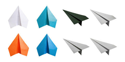 Colorful Paper Airplanes on a White Background, PNG collection, set bundle, isolate on transparent or white background