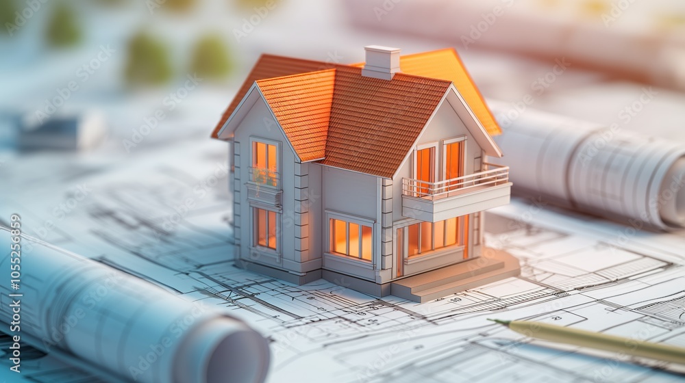Poster 3d rendering project of new building model house on blueprint plan
