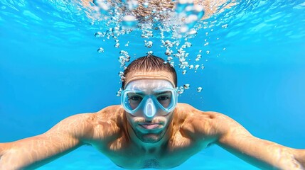 Naklejka premium A swimmer emerges from the water, wearing goggles, as bubbles rise around him in a clear blue pool.