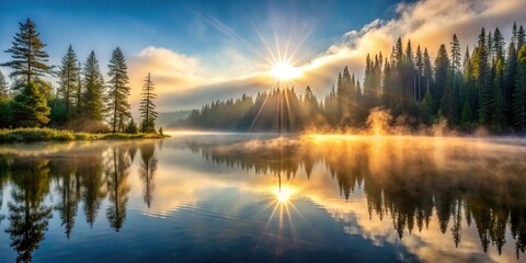Fototapeta premium A serene lake at dawn, surrounded by tall pine trees and a misty fog that slowly lifts to reveal the sun's rays peeking through the clouds., fog, peaceful, mist, sunrise, pine trees
