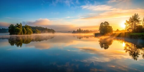 Obraz premium A serene lake scene at dawn with mist rising from the water surface, natural, sunrise