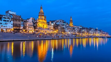 Obraz premium Illuminated Waterfront Cityscape at Dusk with Reflections in River
