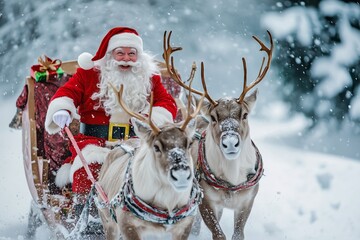 a santa claus with a beard and red costume rides on a sleigh in the snow with reindeer