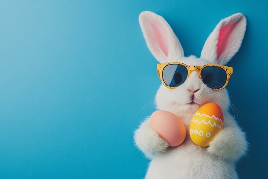 A cool bunny wearing sunglasses holds pastel Easter eggs against a vibrant teal background celebrating the joyful spring holiday