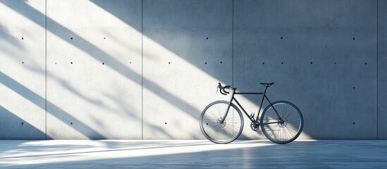 Black bicycle leaning against a concrete wall with sun rays shining through a window.