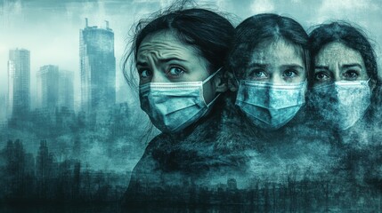 Three women in masks express concern amidst a hazy, urban backdrop.