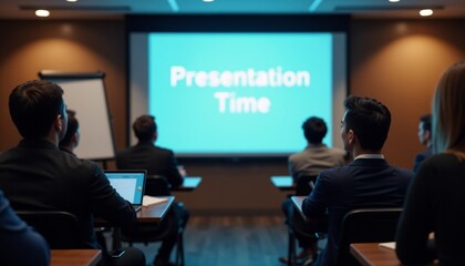 Audience attending a presentation with "Presentation Time" displayed on the screen

