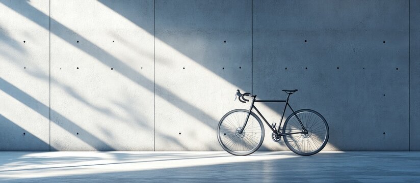 Black bicycle leaning against a concrete wall with sun rays shining through a window.