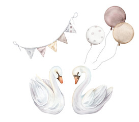 Watercolor hand painted illustration of couple of cute swans in love in pastel color. Garland with flags and balloons on isolated. Wedding symbol of fidelity in the family. For wedding greeting card.