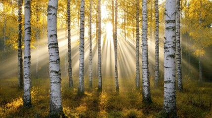 Morning sunlight filters through the trees in a peaceful forest, creating a soft glow and a space for text in the open clearing.