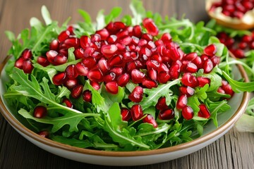 Winter Salad with Pomegranate Seeds on Delicious Arugula Background