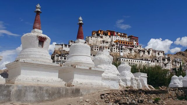 Buddhist Thiksey monastery is one of the largest in Ladakh region, India. Time lapse zoom in.
