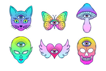  Set of mystical third eye vector with cat, butterfly, mushroom, alien, heart with wings, and skull.