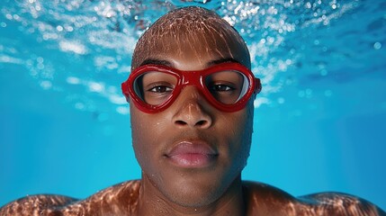 Fototapeta premium A close-up of a swimmer underwater, wearing bright red goggles, highlighting the clarity of water and focused expression.