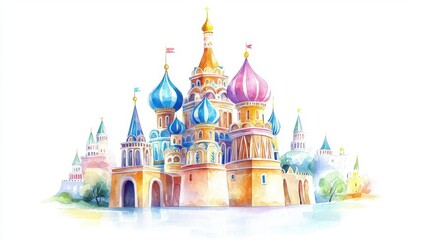 Fototapeta premium A vibrant watercolor illustration of a fairy tale castle with colorful domes, evoking a sense of wonder and fantasy.