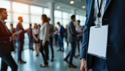 Business professionals networking at a conference with blank name tags
