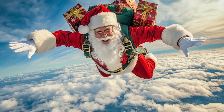 Santa Claus as a skydiver jumps to earth with a parachute and many gifts on his back