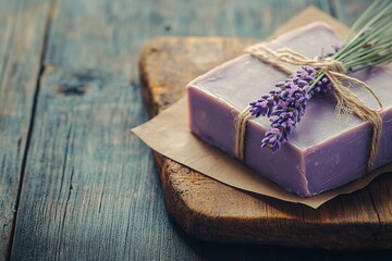Handmade lavender soap wrapped in twine with fresh lavender sprigs, placed on rustic wooden boards