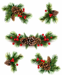Pine garland with red berries and pine cones on a white background, vector illustration