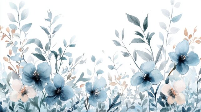 Beautiful watercolor floral pattern with delicate blue flowers and soft green leaves, perfect for backgrounds and design projects.
